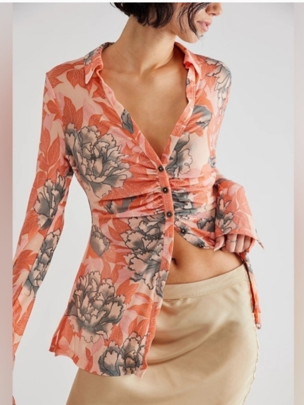 FREE PEOPLE LUCKY SHIRTEE PEACH FLORAL XS TP OVERSZED UP TO MEDIUM